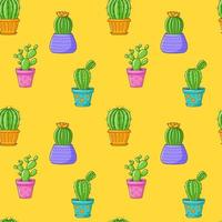 Seamless pattern with different cactus, succulent plant in bright flower pot. Cartoon Cacti. Hand drawing background with houseplants. Vector illustration on yellow background