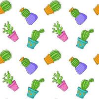 Seamless pattern with different cactus, succulent plant in bright flower pot. Cartoon Cacti. Hand drawing background with houseplants. Vector illustration on white background
