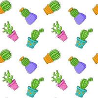 Seamless pattern with different cactus, succulent plant in bright flower pot. Cartoon Cacti. Hand drawing background with houseplants. Vector illustration on white background