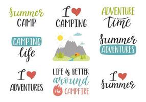 A set of handwritten phrases for summer, vacation, tourism, hiking, adventure, camping. Hand lettering and mountain landscape. Text element for cards, posters. Color flat vector illustration on white