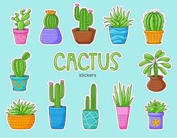 Set of funny cartoon cactus and succulents. Collection of stickers with different types of cacti. Patches with white border. Color vector illustrations with home plants. Can be used as a sticker.