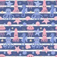 Seamless pattern with squid, octopus, seahorse and jellyfish. Cute ocean characters in underwater world. Marine animals and shells. Cartoon vector illustrations on a dark blue background with stripes