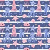 Seamless pattern with squid, octopus, seahorse and jellyfish. Cute ocean characters in underwater world. Marine animals and shells. Cartoon vector illustrations on a dark blue background with stripes