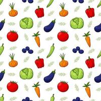 Bright summer seamless pattern with different vegetables and herbs. Natural vegetables, products, fresh food with an outline in a hand-drawn style. Color vector illustration on a white background.