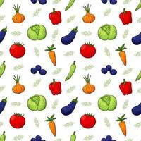 Bright summer seamless pattern with different vegetables and herbs. Natural vegetables, products, fresh food with an outline in a hand-drawn style. Color vector illustration on a white background.