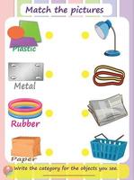 Educational activity worksheets for kids that involve matching pairs of pictures Children develop their visual discrimination skills and problem-solving abilities. What are objects made of vector