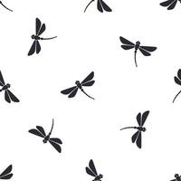 Seamless pattern with silhouettes of flying dragonfly with curved body on white background vector