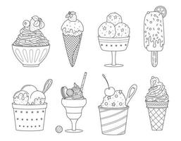 Set of vector outline ice cream. Summer sweet food. Delicious frozen dessert. Collection of different types of an Ice Cream. Hand drawn doodle linear black and white illustrations isolated on white