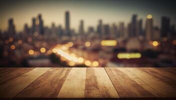 Wooden board empty table top blurred background. perspective brown wood table over blur city building view background. photo