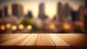 Wooden board empty table top blurred background. perspective brown wood table over blur city building view background. photo