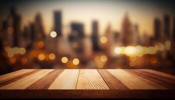 Wooden board empty table top blurred background. perspective brown wood table over blur city building view background. photo