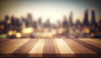 Wooden board empty table top blurred background. perspective brown wood table over blur city building view background. photo