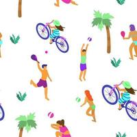 Vector seamless pattern with tiny isometric people doing summer sports. Summer activities .