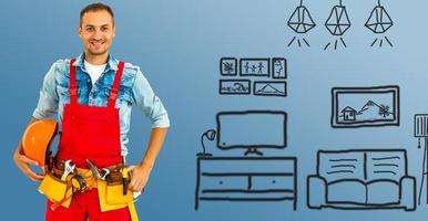 masculino trabajador en casco. reparador, personal de mantenimiento, artesano terminado dibujado hogar plan foto