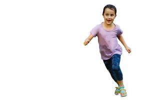 Young girl running in studio isolated on white photo