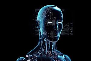 Human consciousness in artificial intelligence. Android with neurals connection. photo