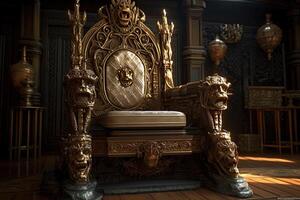 Empty royal throne in dark castle hall. Fantasy medieval throne for king. photo