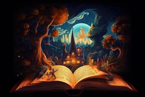 Open magical book with fantasy landscape over pages. photo