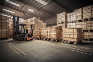 Forklift for loading pallets with packages in warehouse interior. photo