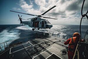 Search and rescue operation in sea. Emergency rescue helicopter flies over sea surface. photo