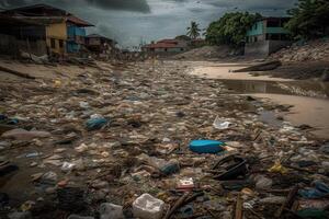 enorme tugurio con un lote de el plastico residuos y varios usado basura. generativo ai foto