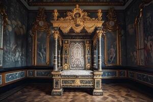 vacío real trono en oscuro castillo salón. fantasía medieval trono. generativo ai foto