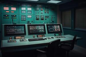 Central control panel. Operator workplace with a lot of screens and buttons. photo