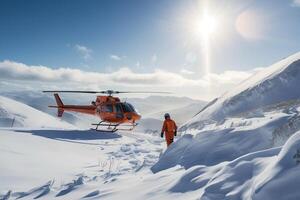 médico rescate helicóptero aterrizaje en Nevado montañas. creado con generativo ai foto