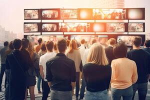 People watching a lot of retro televisions. Propaganda and fake news concept. photo