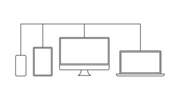 dispositivos sincronización con otro dispositivos. línea íconos con flecha. sincronizar símbolo vector