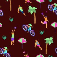 Vector seamless pattern on dark background with tiny isometric people of different ethnicity doing summer sports. Summer activities. Neon pattern.