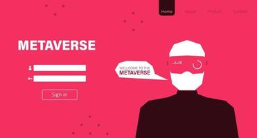 página de destino del metaverso. hombre con gafas de realidad virtual vr jugando ar juego de realidad aumentada y entretenimiento, juego nft estilo de vida futurista vector