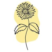 Flower in outline doodle flat style with colorful yellow brush. Simple floral element plant decorative design. Hand drawn line art. Creative sketch. Vector illustration isolated on white background.