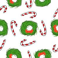 Candy cane and wreath in cartoon flat style. Vector seamless pattern isolated on white background.