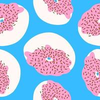 Seamless pattern of donut rings in cartoon flat style. Chocolate balls on a pink cream with white base. Sweet bakery. Vector colorful illustration isolated on blue background.