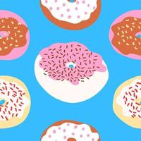 Seamless pattern of donuts with sprinkles, cream, chocolate, pink and wheat base in cartoon style. Sweet bakery. Other doughtnuts. Vector colorful illustration isolated on blue background.