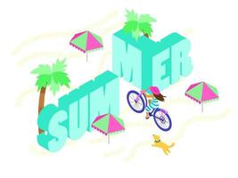 Isometric vector illustration on summer theme. Girl riding fat bike through word summer. Isometric lettering. Summer poster.