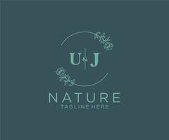 initial UJ letters Botanical feminine logo template floral, editable premade monoline logo suitable, Luxury feminine wedding branding, corporate. vector