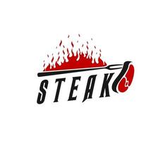 Bbq grill icon with steak on fork and burning fire vector