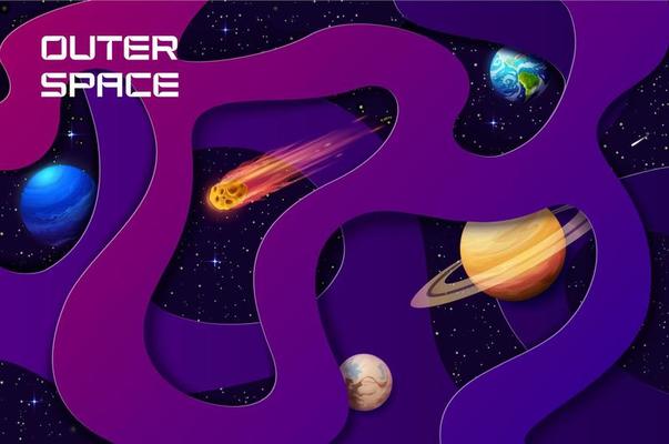 Outer space paper cut poster with galaxy planets