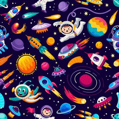 Cartoon kids space and galaxy seamless pattern