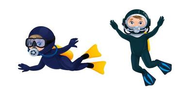 Cartoon divers, underwater scuba diving characters vector