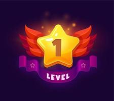 Game level up badge and win icon, golden star vector