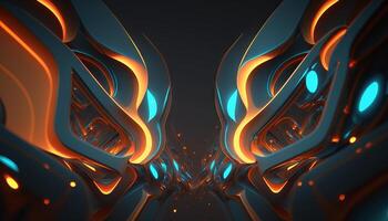 Rendering abstract futuristic background with glowing neon blue and orange lights. photo