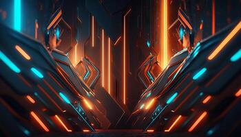 Rendering abstract futuristic background with glowing neon blue and orange lights. photo