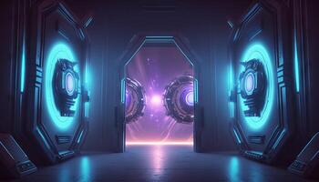 3d illustration of blue and purple futuristic sci-fi techno lights-cool background. photo