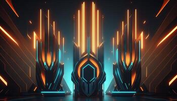 Rendering abstract futuristic background with glowing neon blue and orange lights. photo