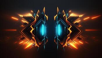 Rendering abstract futuristic background with glowing neon blue and orange lights. photo