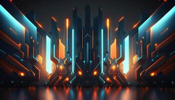 Rendering abstract futuristic background with glowing neon blue and orange lights. photo