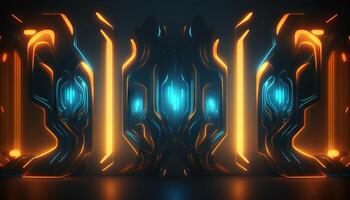Rendering abstract futuristic background with glowing neon blue and orange lights. photo